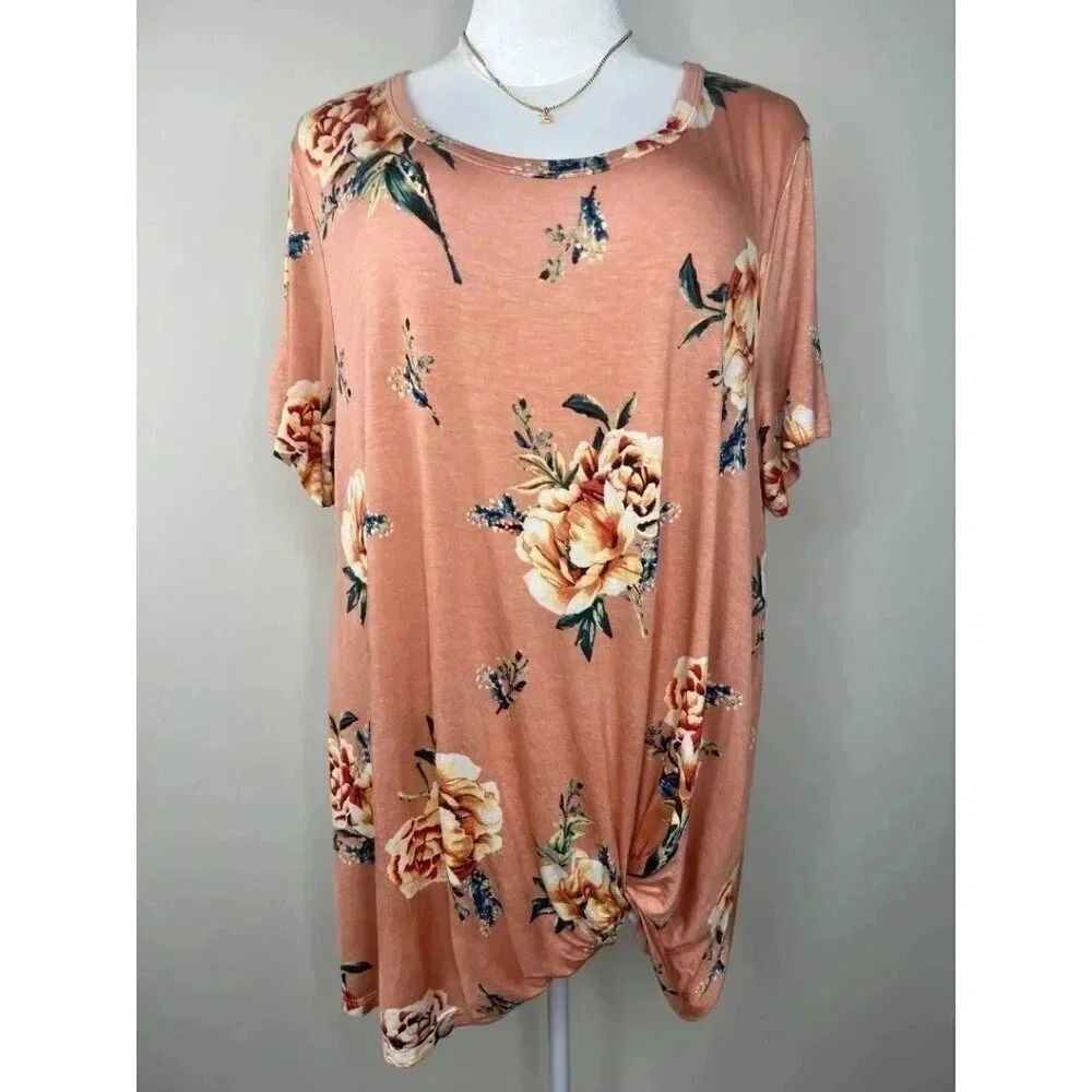 ODDY Peach Floral Tunic Tee With Twist Detail Short Sleeve Plus 2XL